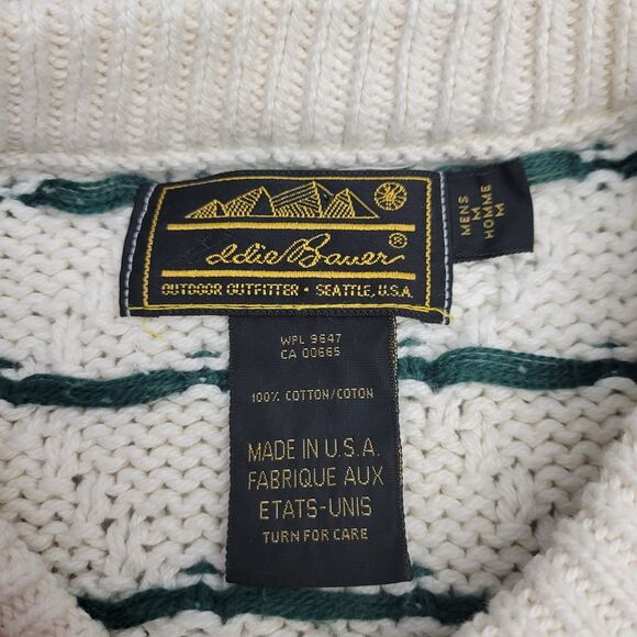 VTG Eddie Bauer Mens Outdoor Outfitter Cotton Knit Sweater M Cream Green USA - Picture 5 of 8